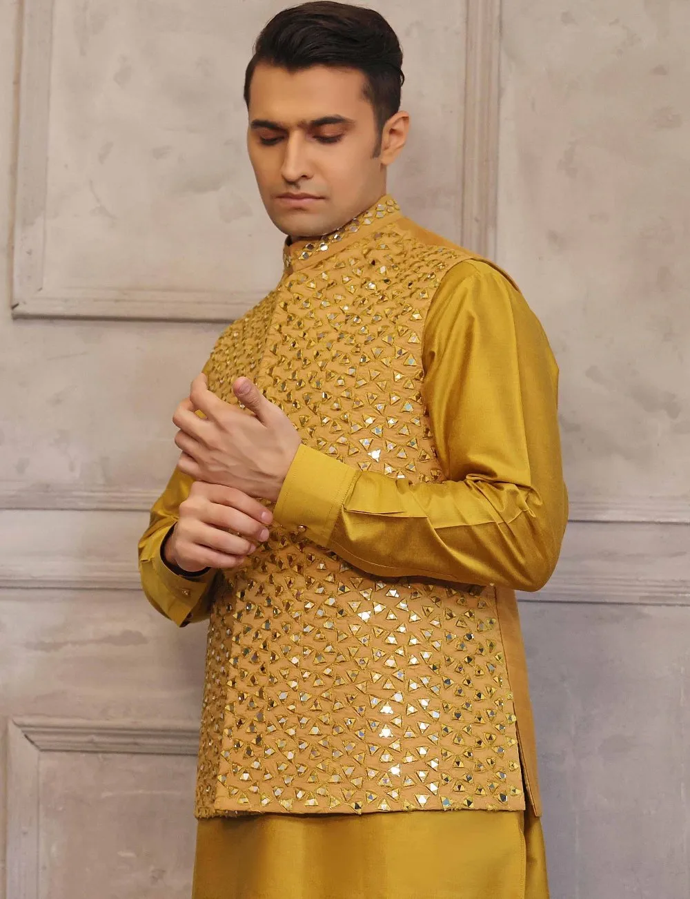 Mustard Mirror Work Waistcoat with Matching Raw Silk Suit