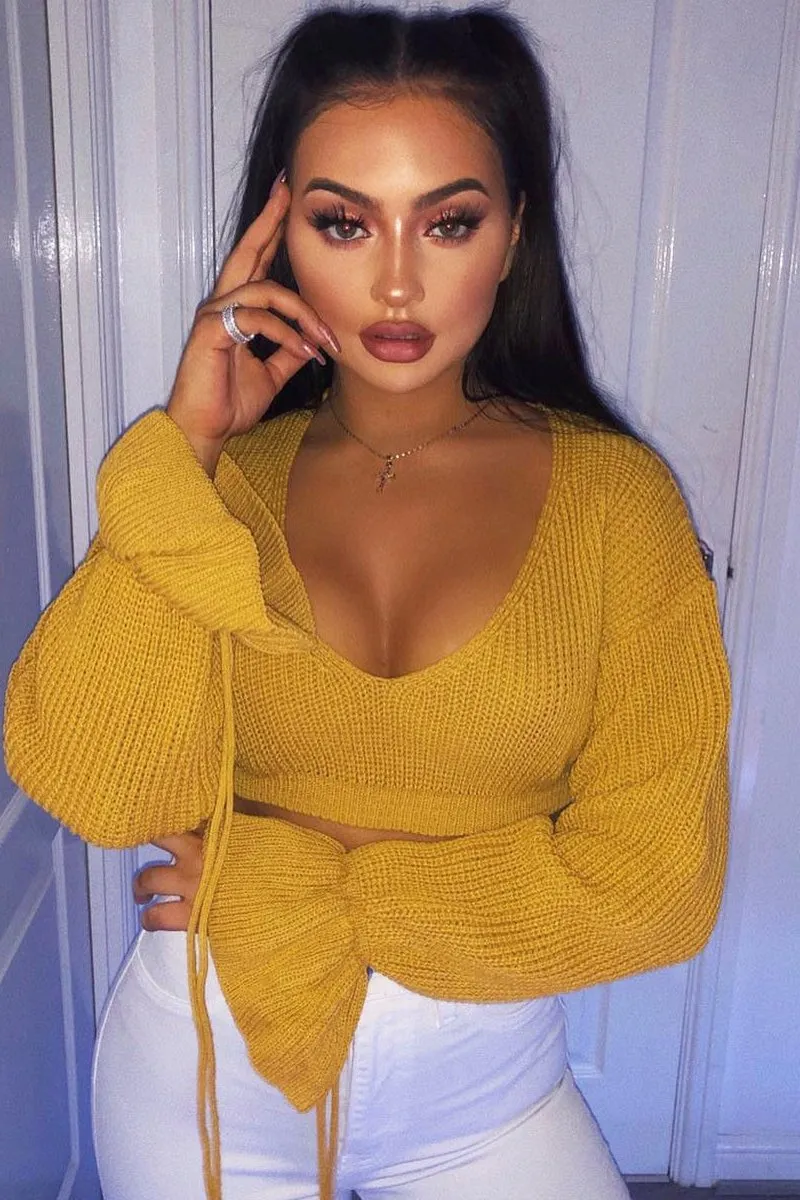 Mustard Plunge Sleeve Detail Crop Jumper - Ivree