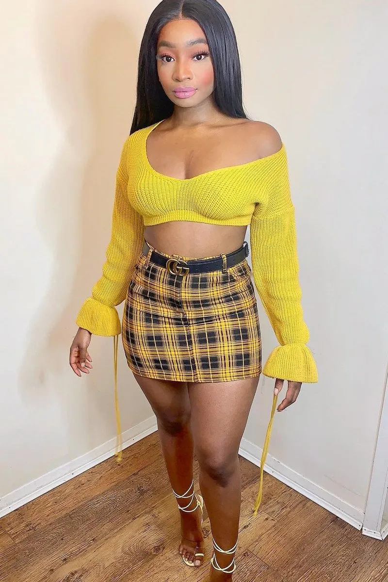 Mustard Plunge Sleeve Detail Crop Jumper - Ivree