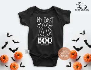 My First Boo - Halloween Baby Bodysuit with Custom Name, Personalized 1st Halloween Boy or Girl Outfit