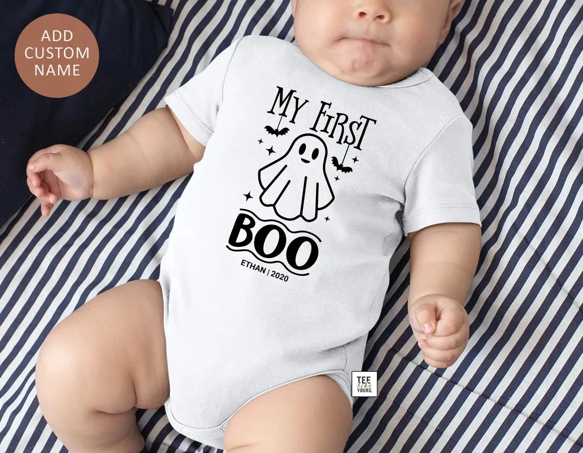 My First Boo - Halloween Baby Bodysuit with Custom Name, Personalized 1st Halloween Boy or Girl Outfit