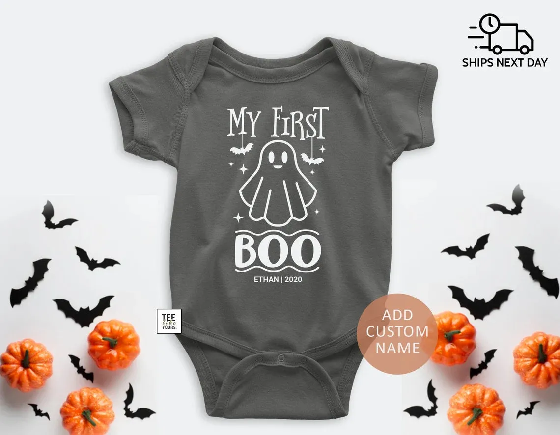 My First Boo - Halloween Baby Bodysuit with Custom Name, Personalized 1st Halloween Boy or Girl Outfit