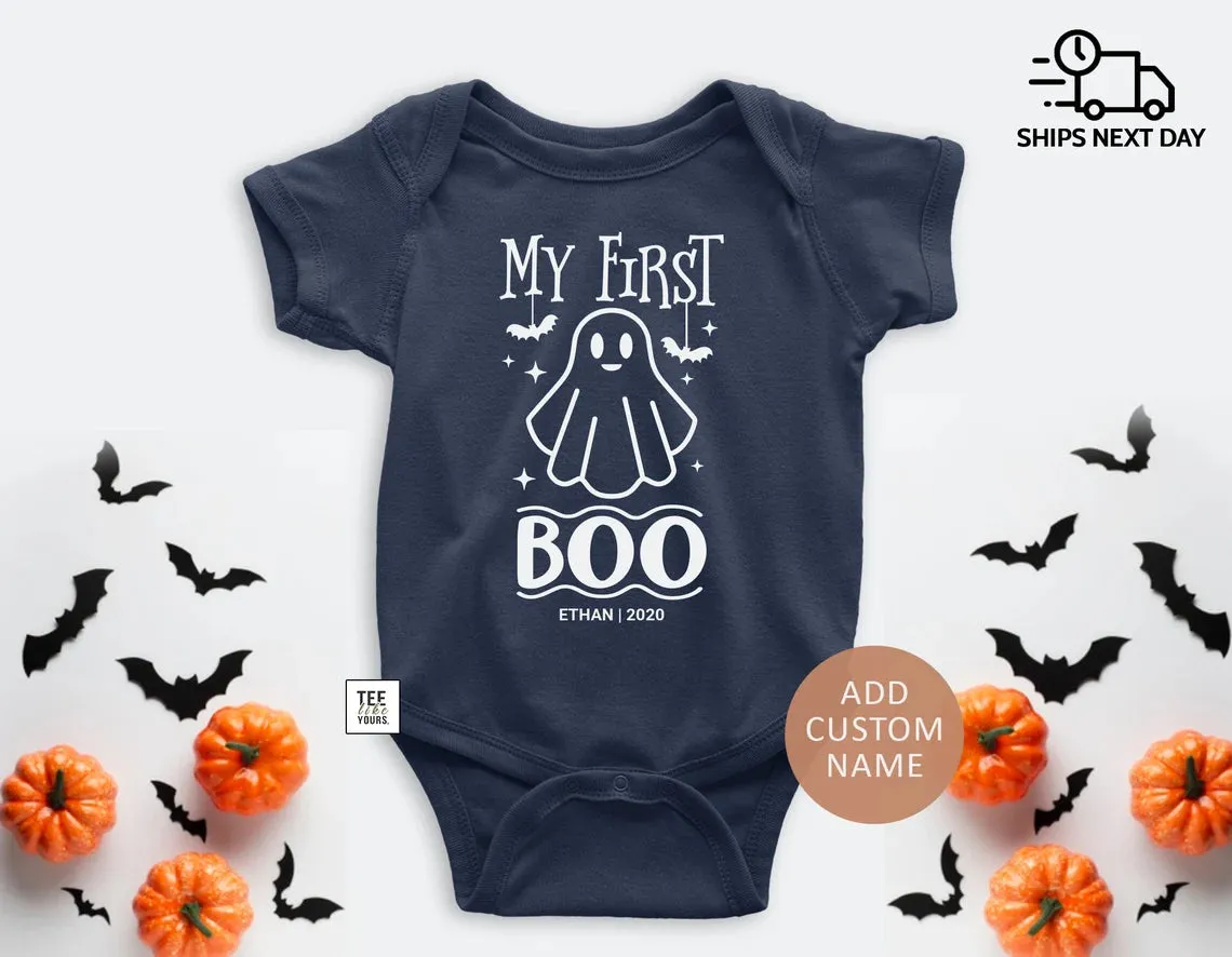 My First Boo - Halloween Baby Bodysuit with Custom Name, Personalized 1st Halloween Boy or Girl Outfit