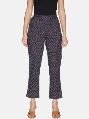 Navy Blue Cotton Allover Print Pant With Side Slit On Hem