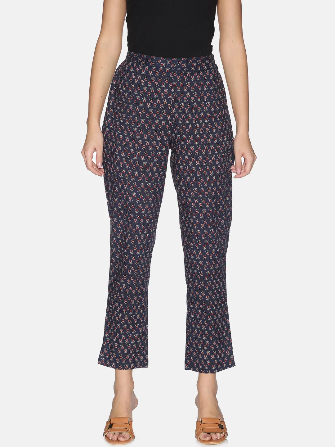 Navy Blue Cotton Allover Print Pant With Side Slit On Hem