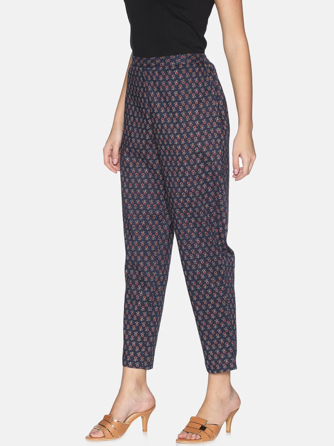 Navy Blue Cotton Allover Print Pant With Side Slit On Hem