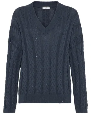 Navy Double Cableknit V Neck Sweater