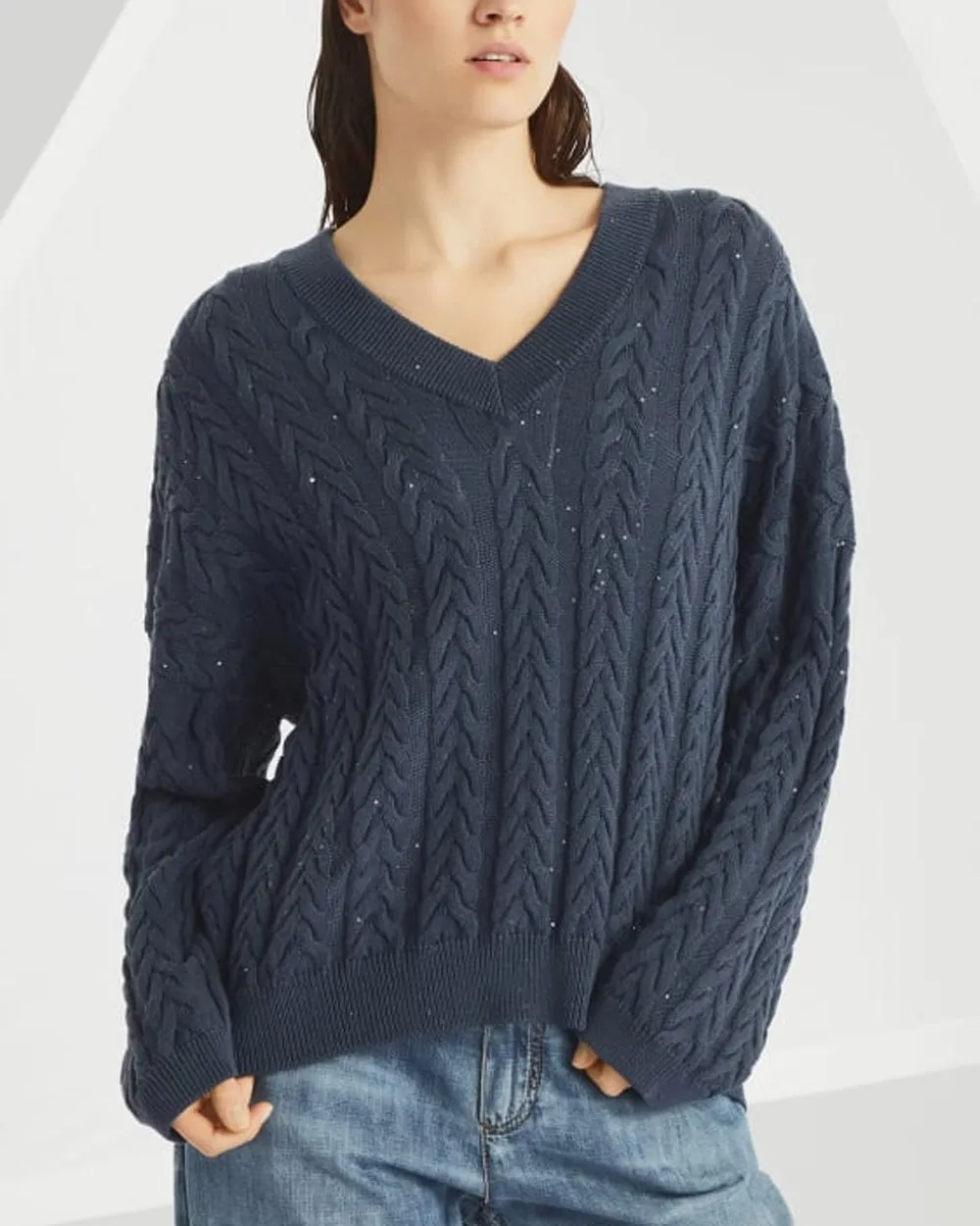 Navy Double Cableknit V Neck Sweater