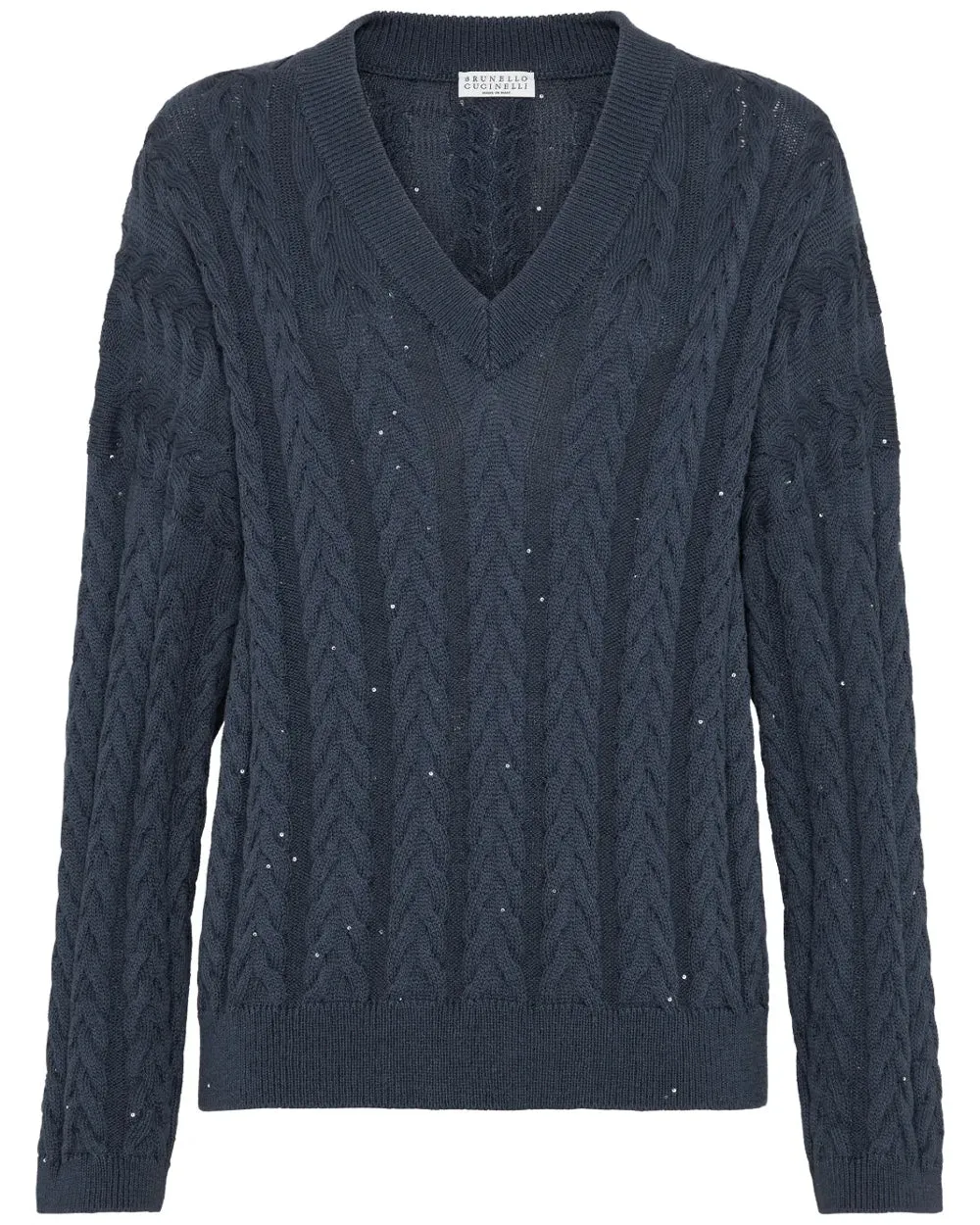 Navy Double Cableknit V Neck Sweater