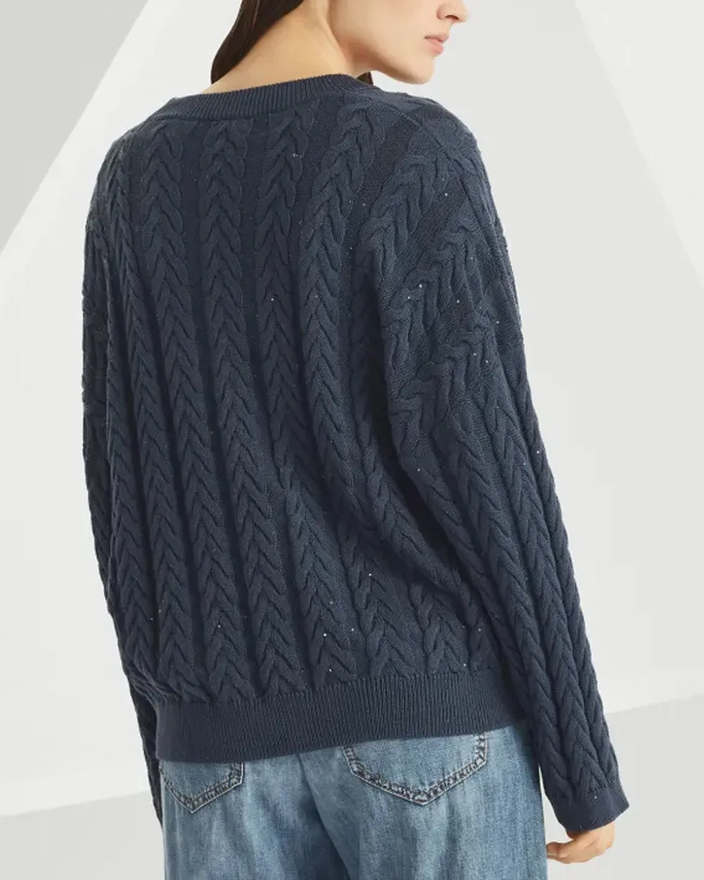 Navy Double Cableknit V Neck Sweater