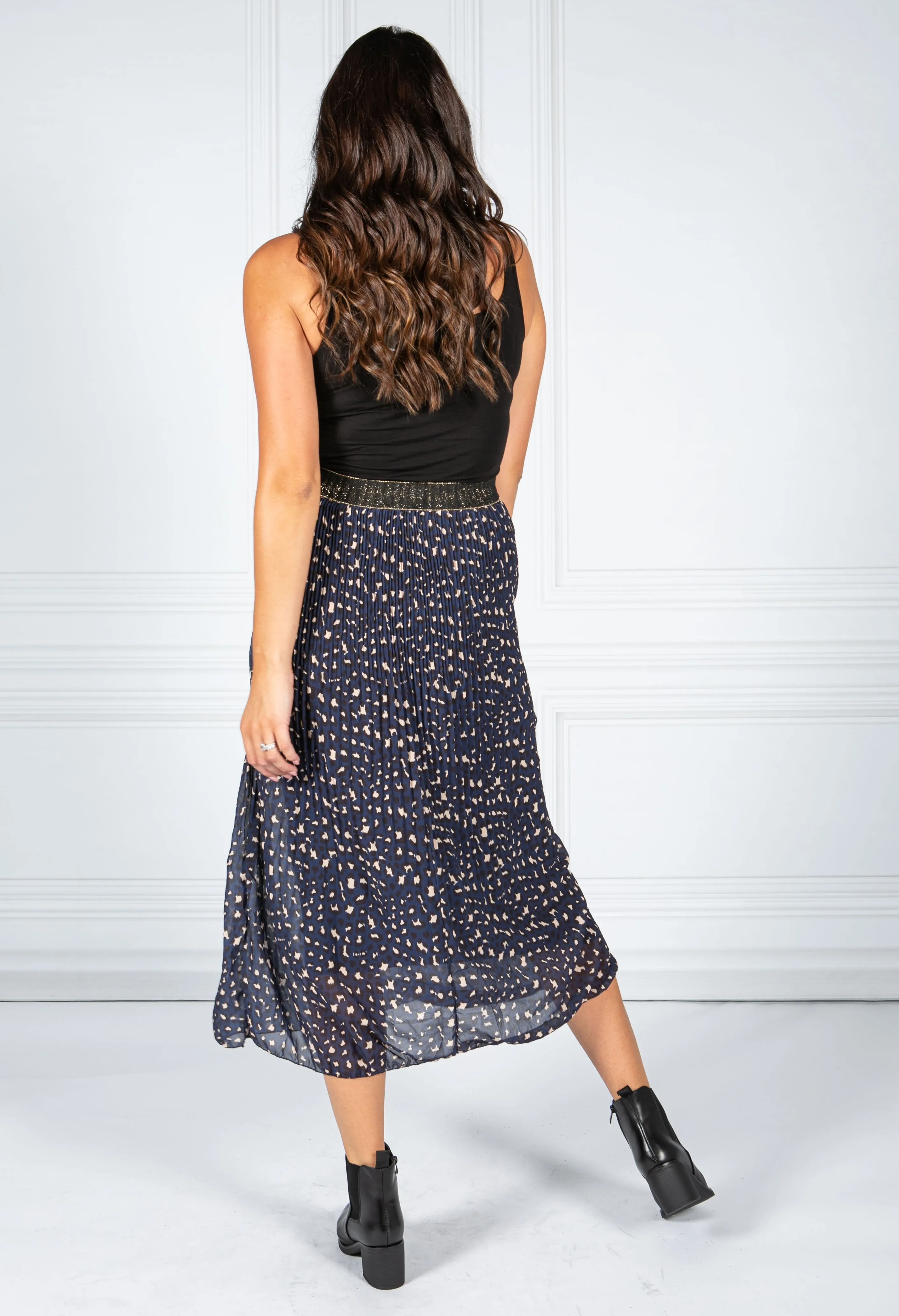 Navy Pleated Leopard Print Skirt