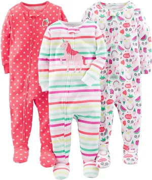 New Simple Joys by Carter's Baby Girls' 3-Pack Snug Fit Footed Cotton Pajamas, Rainbow, Strawberry, Multistripe Unicorn, Sz 6-9 Months!