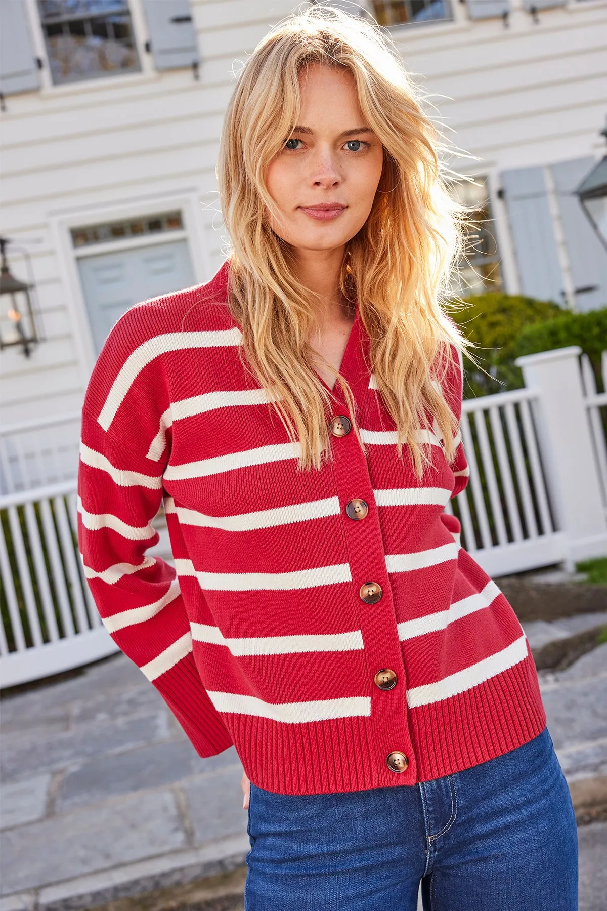 Nora Cardigan in Ivory Crimson Inverse Stripe