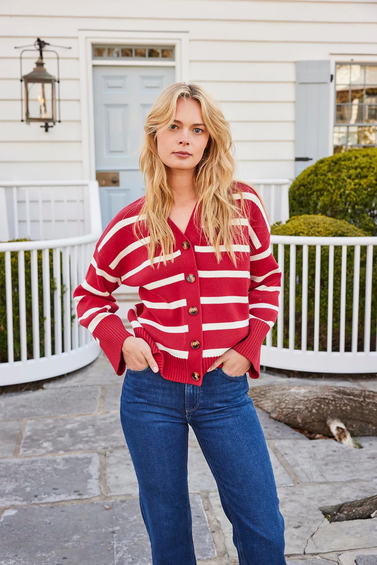 Nora Cardigan in Ivory Crimson Inverse Stripe