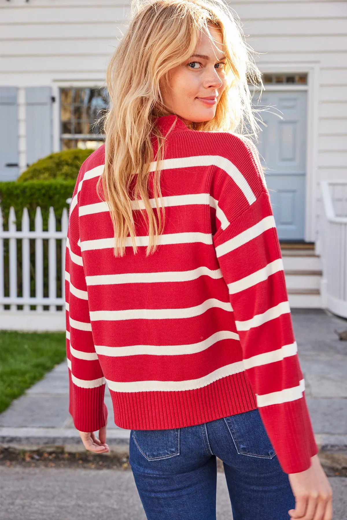 Nora Cardigan in Ivory Crimson Inverse Stripe