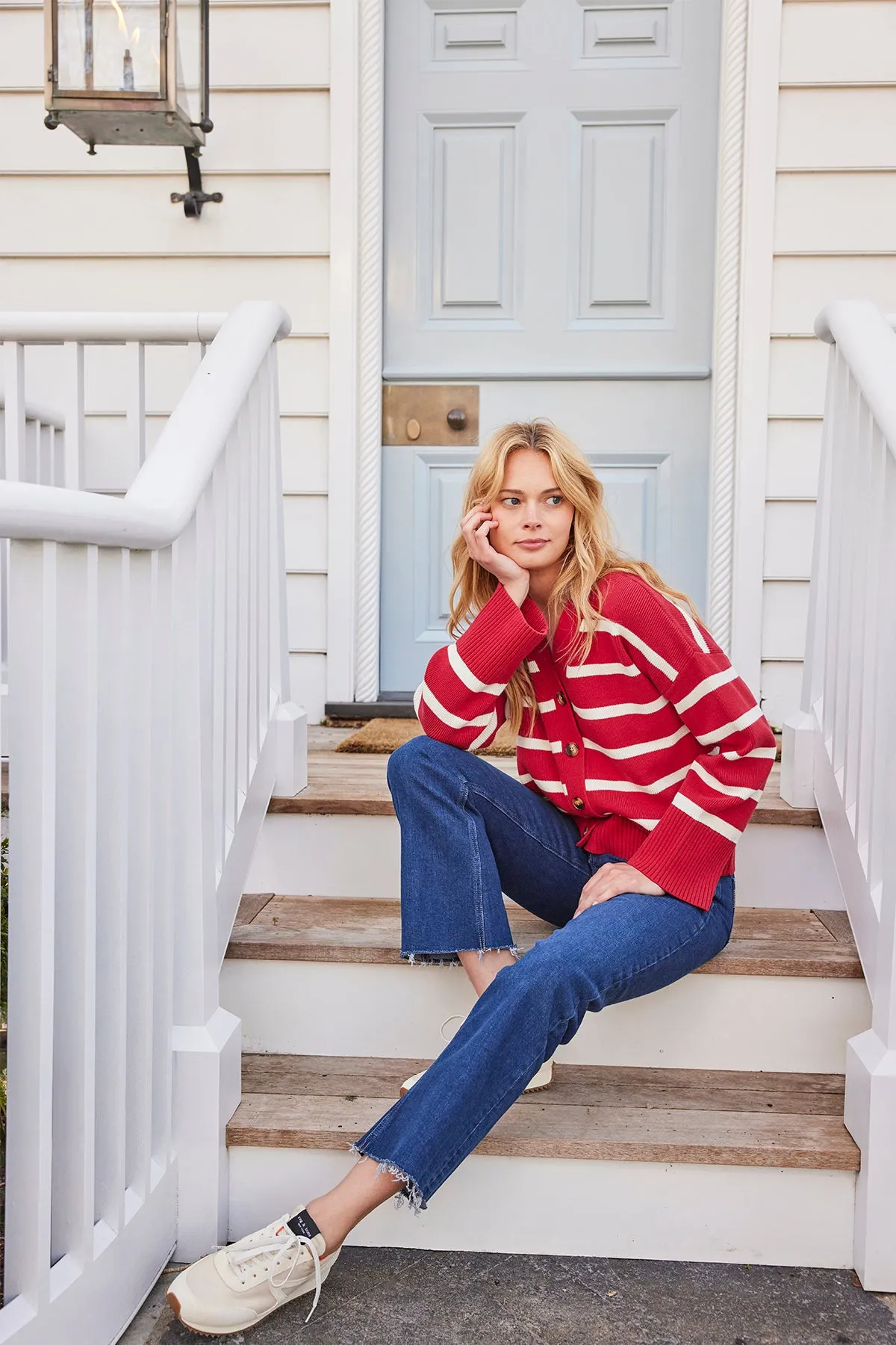 Nora Cardigan in Ivory Crimson Inverse Stripe