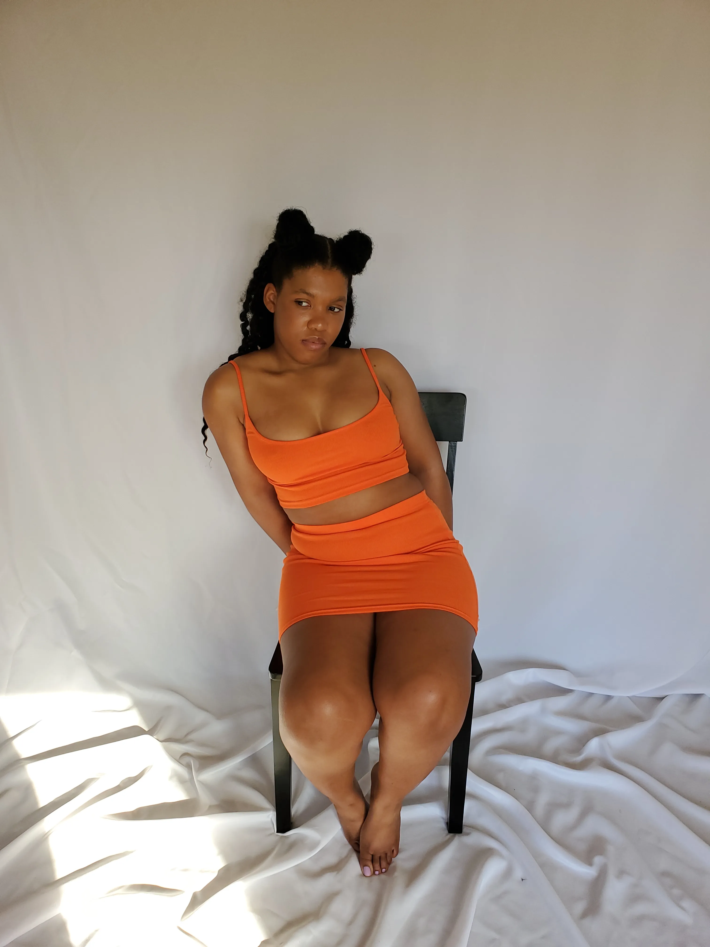 orange 2pc cropped ribbed spaghetti straps skirt set
