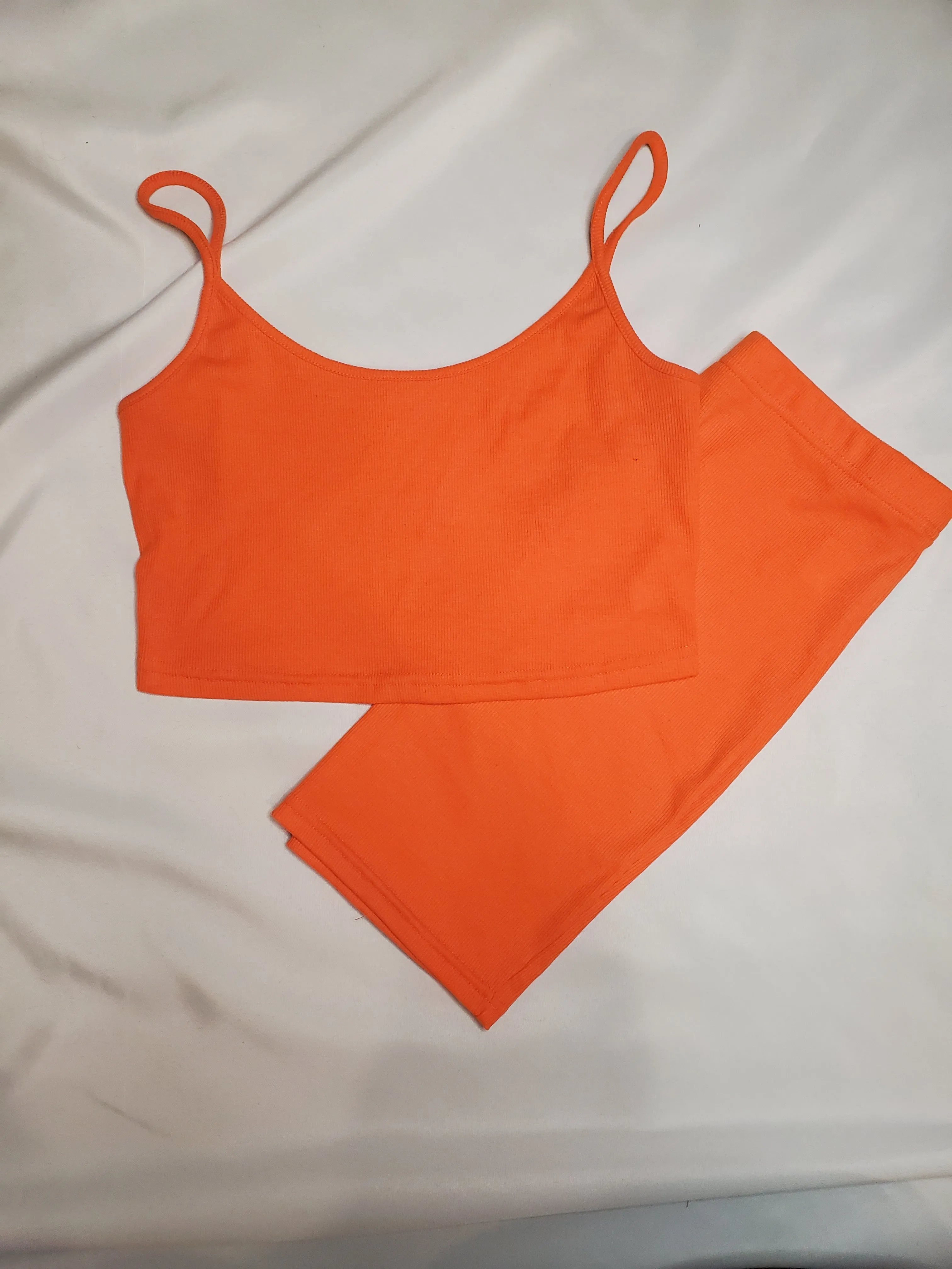 orange 2pc cropped ribbed spaghetti straps skirt set