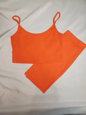 orange 2pc cropped ribbed spaghetti straps skirt set