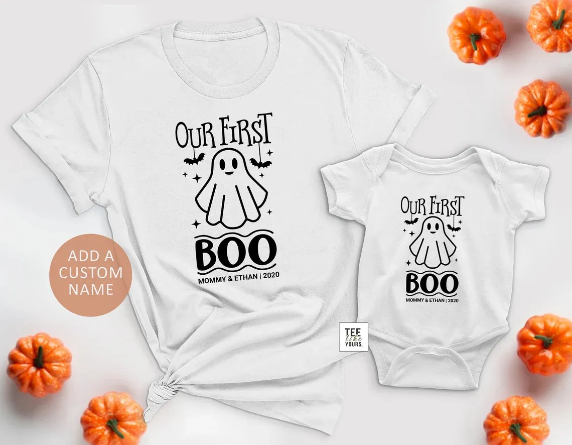 Our First Family Boo - Family Matching Shirts for Halloween 2023, Baby 1st Halloween Outfit, Personalized 1st Halloween Custom name Set
