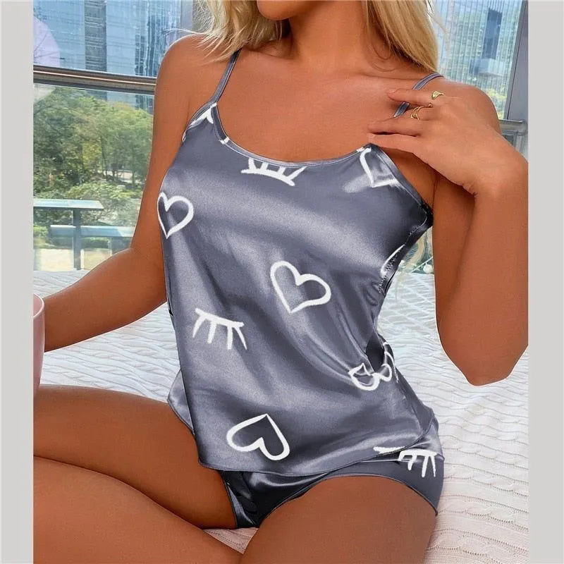 Pajama Set Women's 2 Pieces Sleepwear Silk Satin Cami Top & Shorts