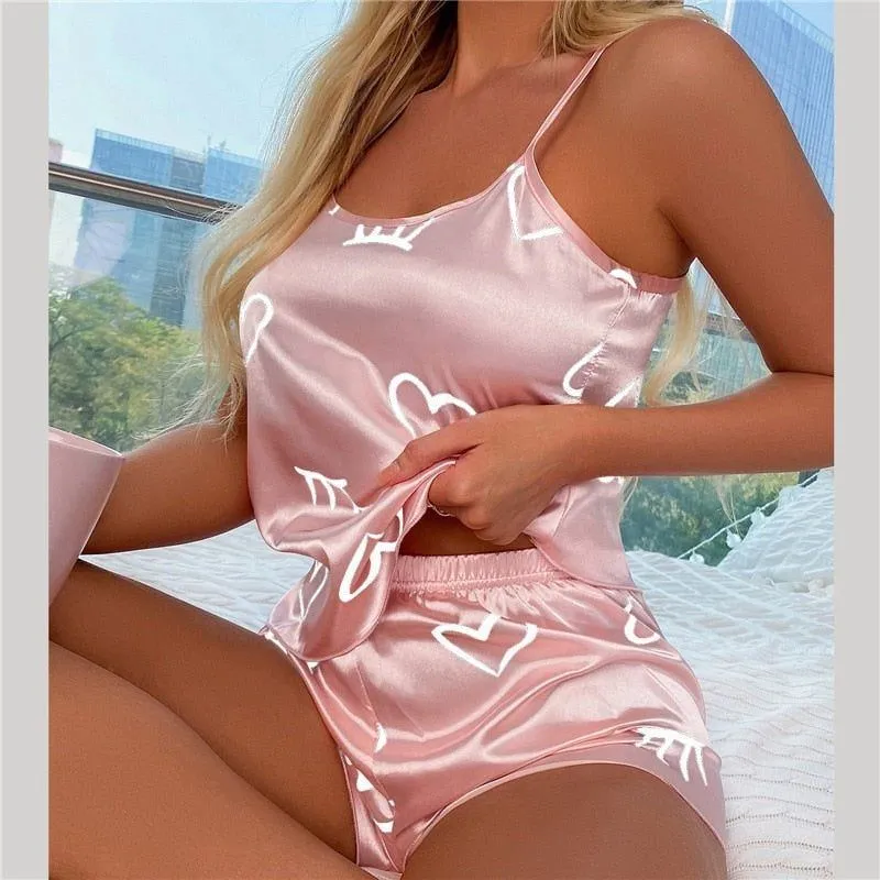 Pajama Set Women's 2 Pieces Sleepwear Silk Satin Cami Top & Shorts