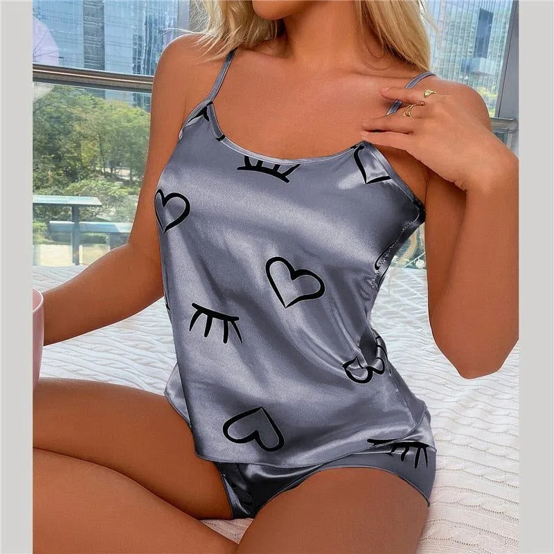 Pajama Set Women's 2 Pieces Sleepwear Silk Satin Cami Top & Shorts