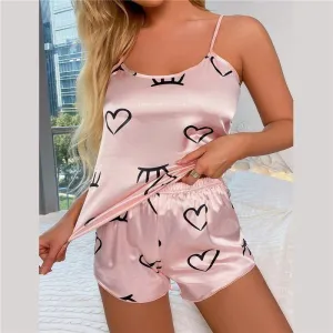 Pajama Set Women's 2 Pieces Sleepwear Silk Satin Cami Top & Shorts