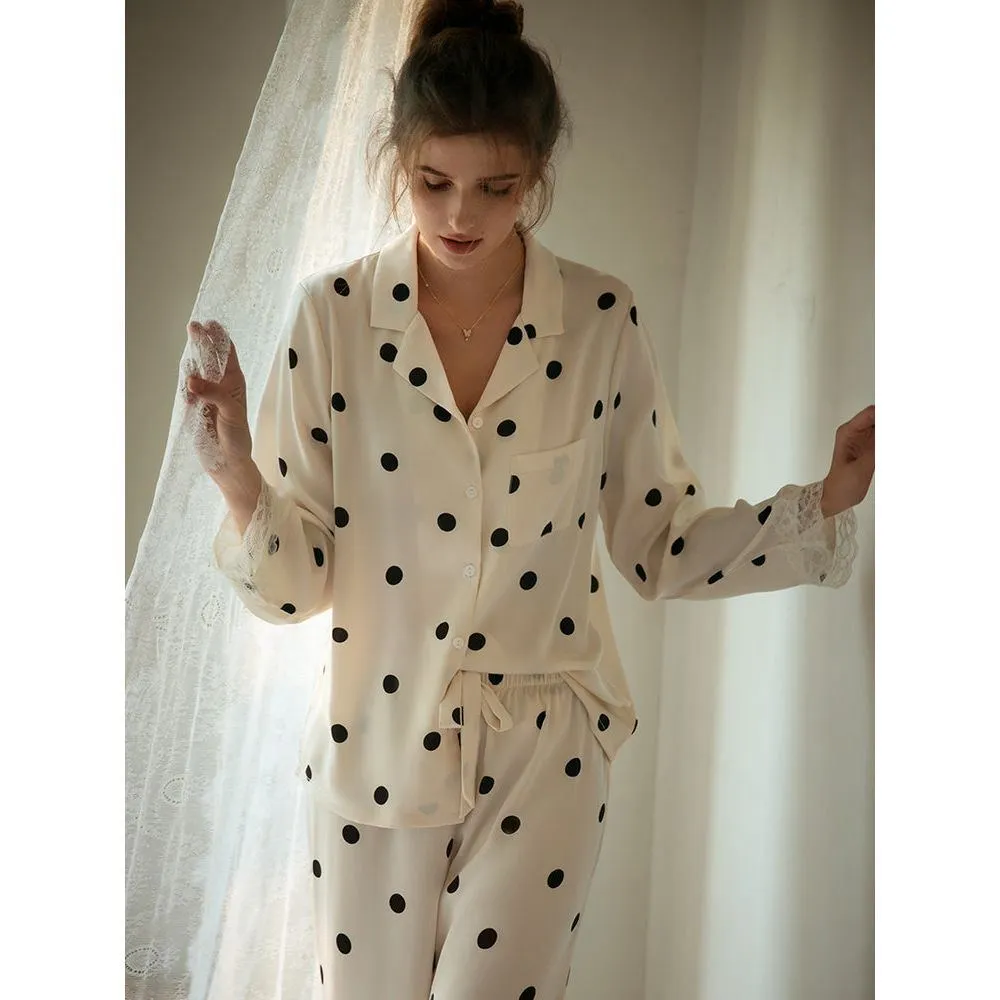 Pajamas With Real Silk Lace Border Dots