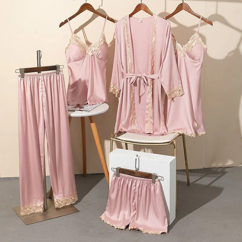 Pajamas Women Summer Ice Silk Sexy Five-piece Suspenders