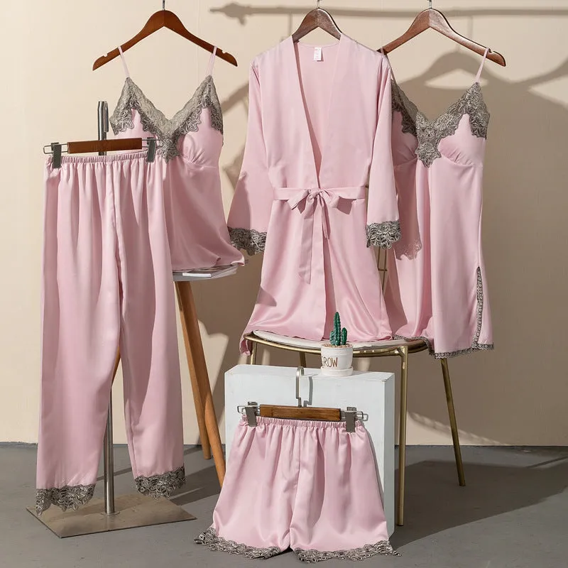 Pajamas Women Summer Ice Silk Sexy Five-piece Suspenders