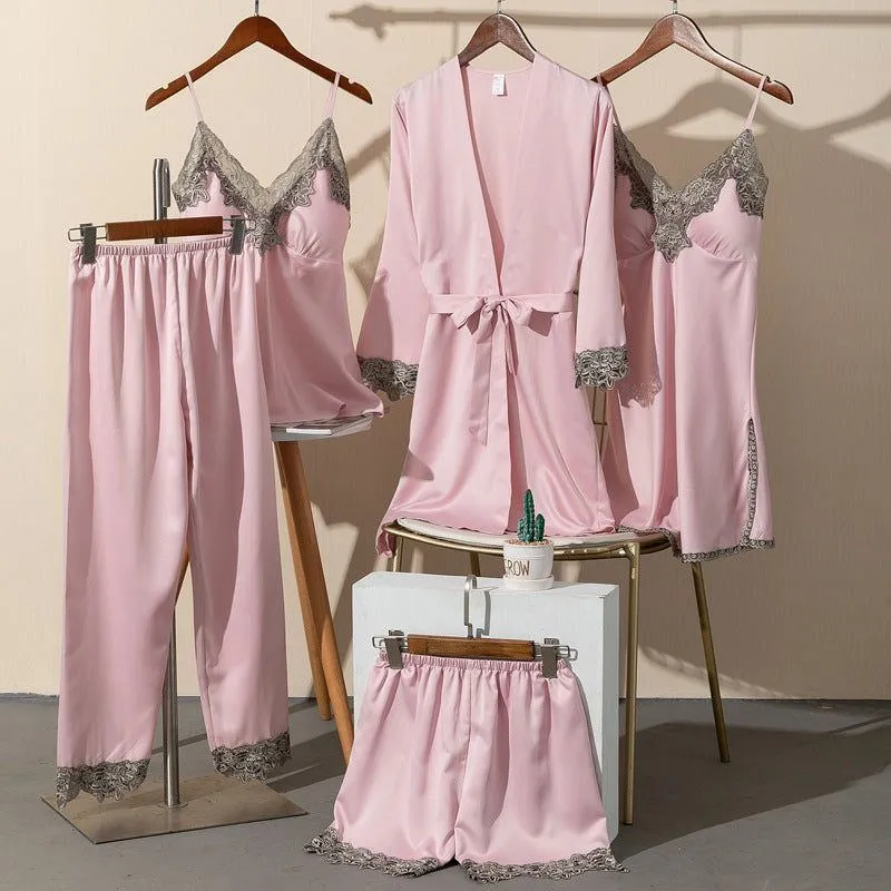 Pajamas Women Summer Ice Silk Sexy Five-piece Suspenders