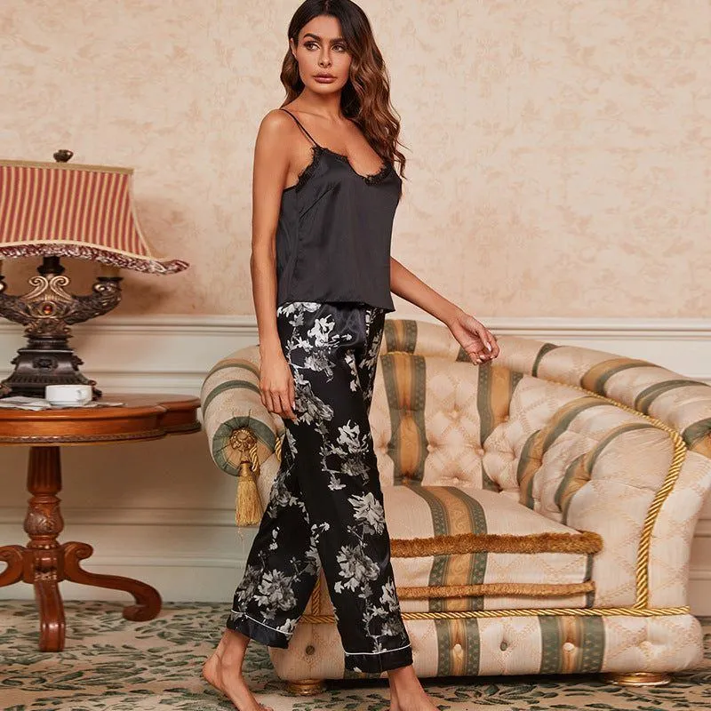 Pajamas Women's Simulation Silk Wide Leg Pants Casual Home Wear