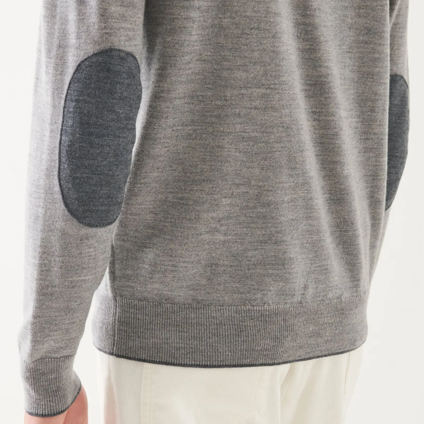 Patrick Assaraf Merino Crewneck with Elbow Patches - Mist Shadow Gray