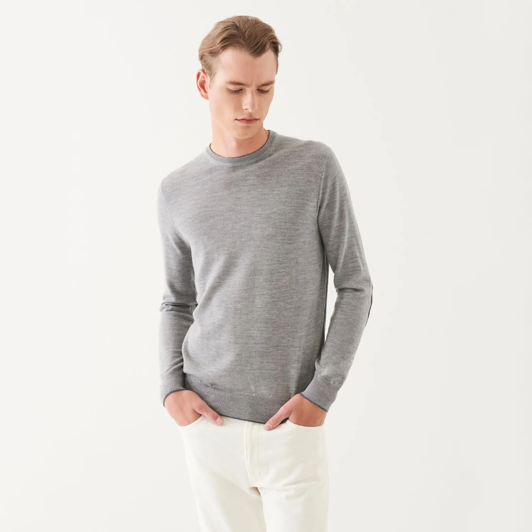 Patrick Assaraf Merino Crewneck with Elbow Patches - Mist Shadow Gray