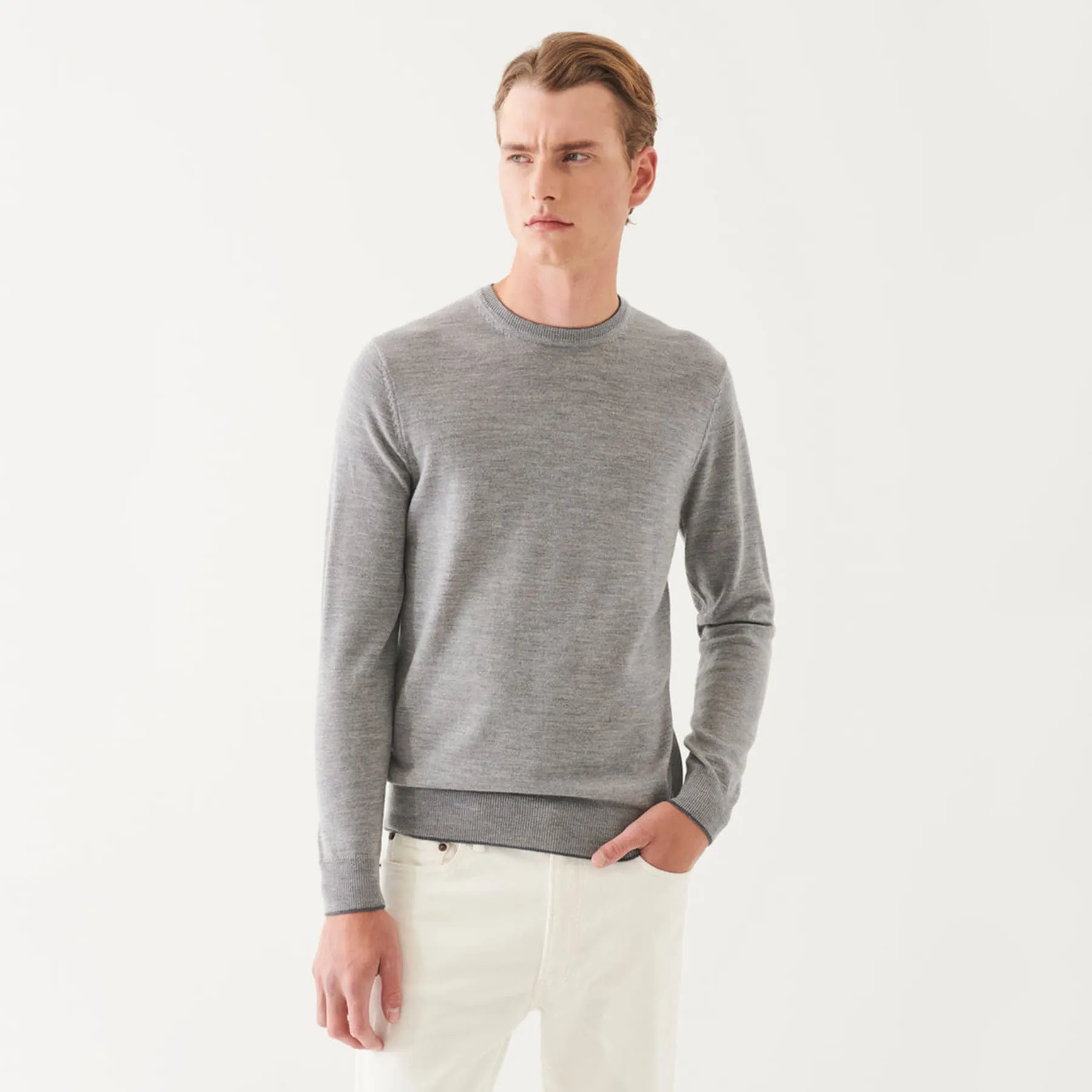 Patrick Assaraf Merino Crewneck with Elbow Patches - Mist Shadow Gray