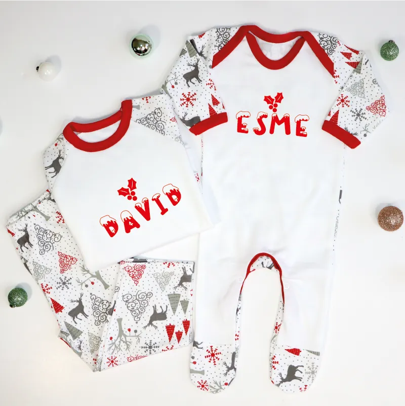 Personalised Snow and Mistletoe Matching Family Baby Christmas Pyjamas