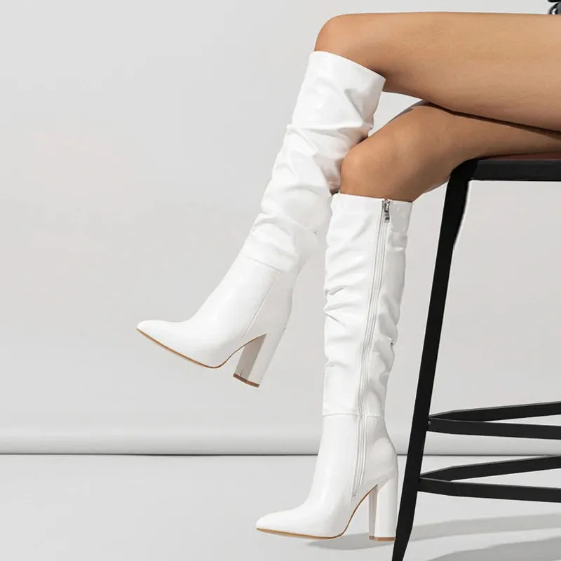 Pink Pleated Faux Leather Knee High Boots