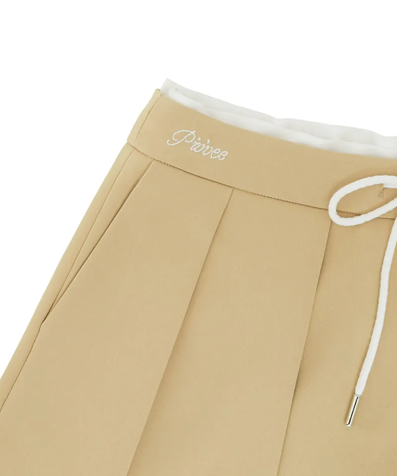 PIV'VEE Preppy String Pleated Skirt - Milk Tea Beige