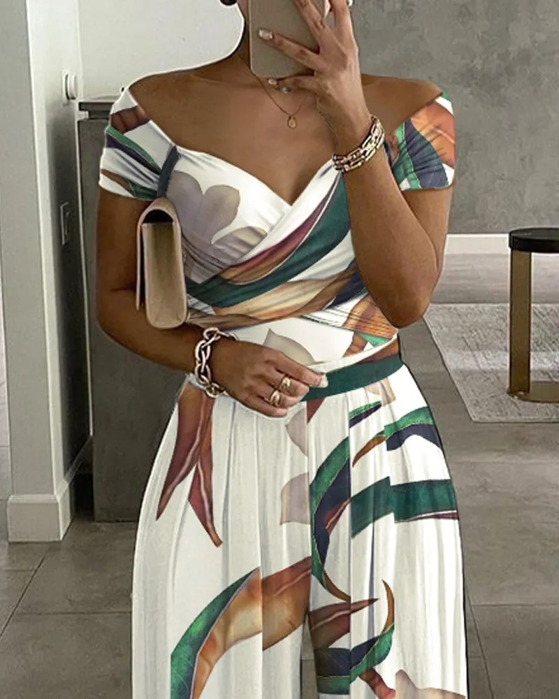 Plants Print Off Shoulder Wide Leg Jumpsuit