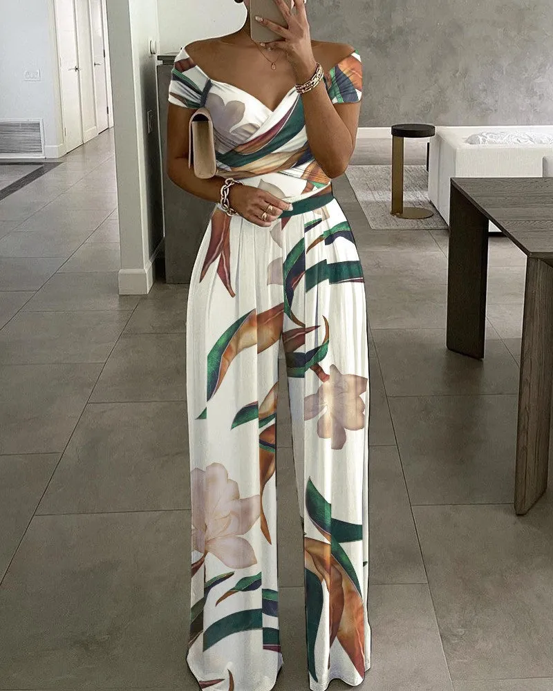 Plants Print Off Shoulder Wide Leg Jumpsuit