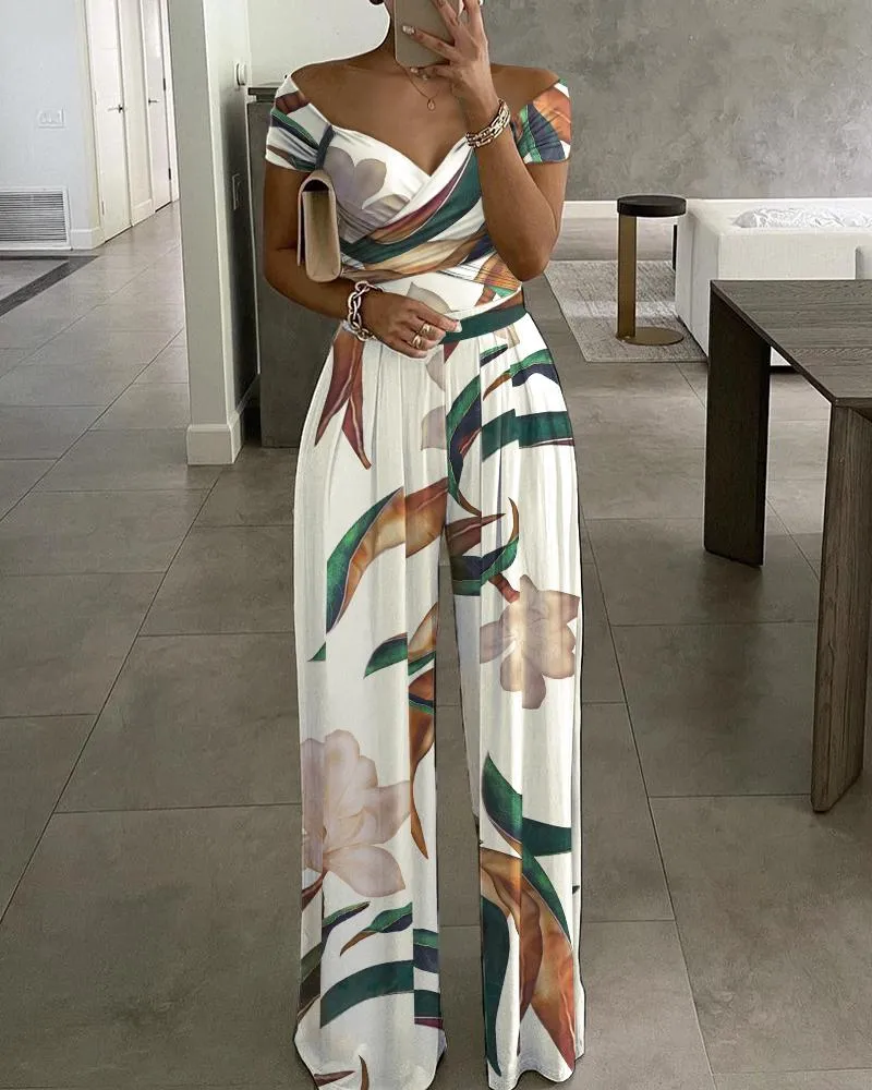 Plants Print Off Shoulder Wide Leg Jumpsuit