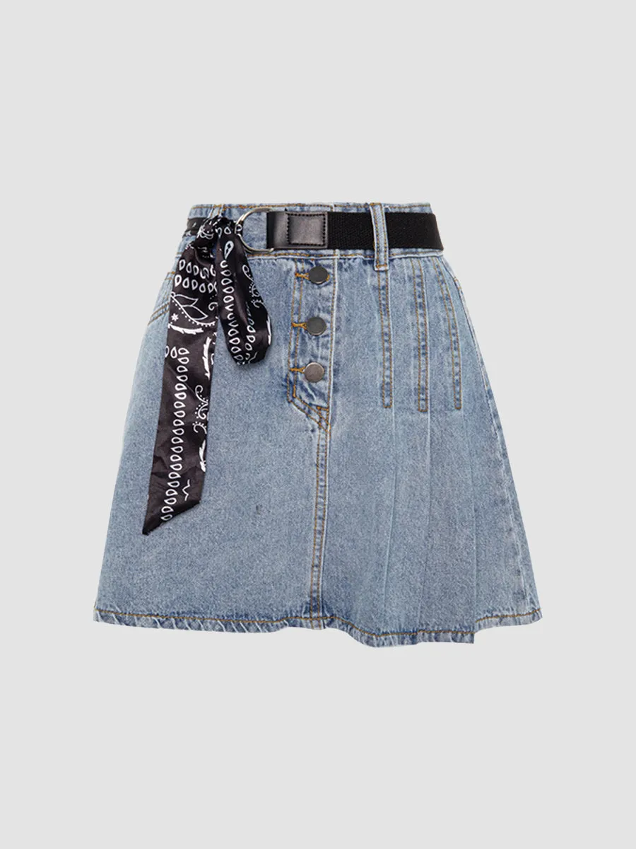 Pleated Denim Skirt