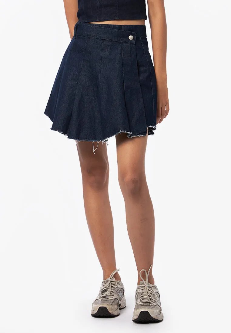 Pleated Mini Denim Skirt