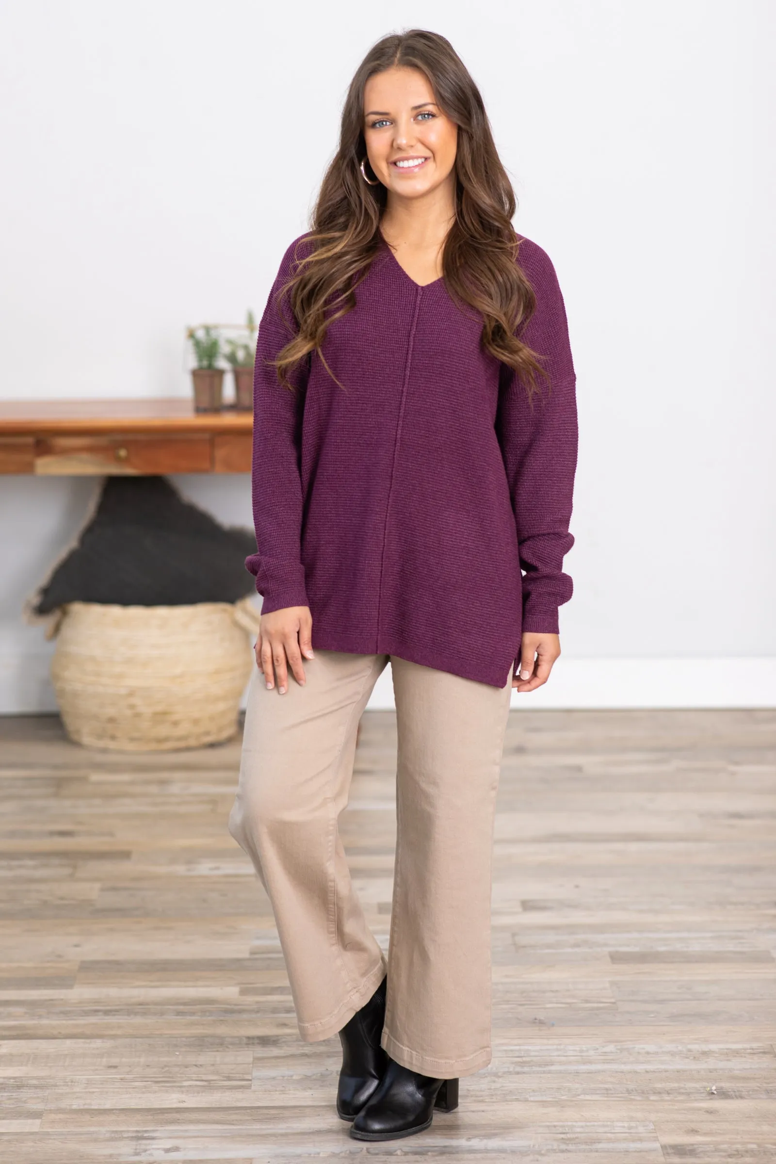 Plum Mini Waffle V-Neck Sweater With Seam