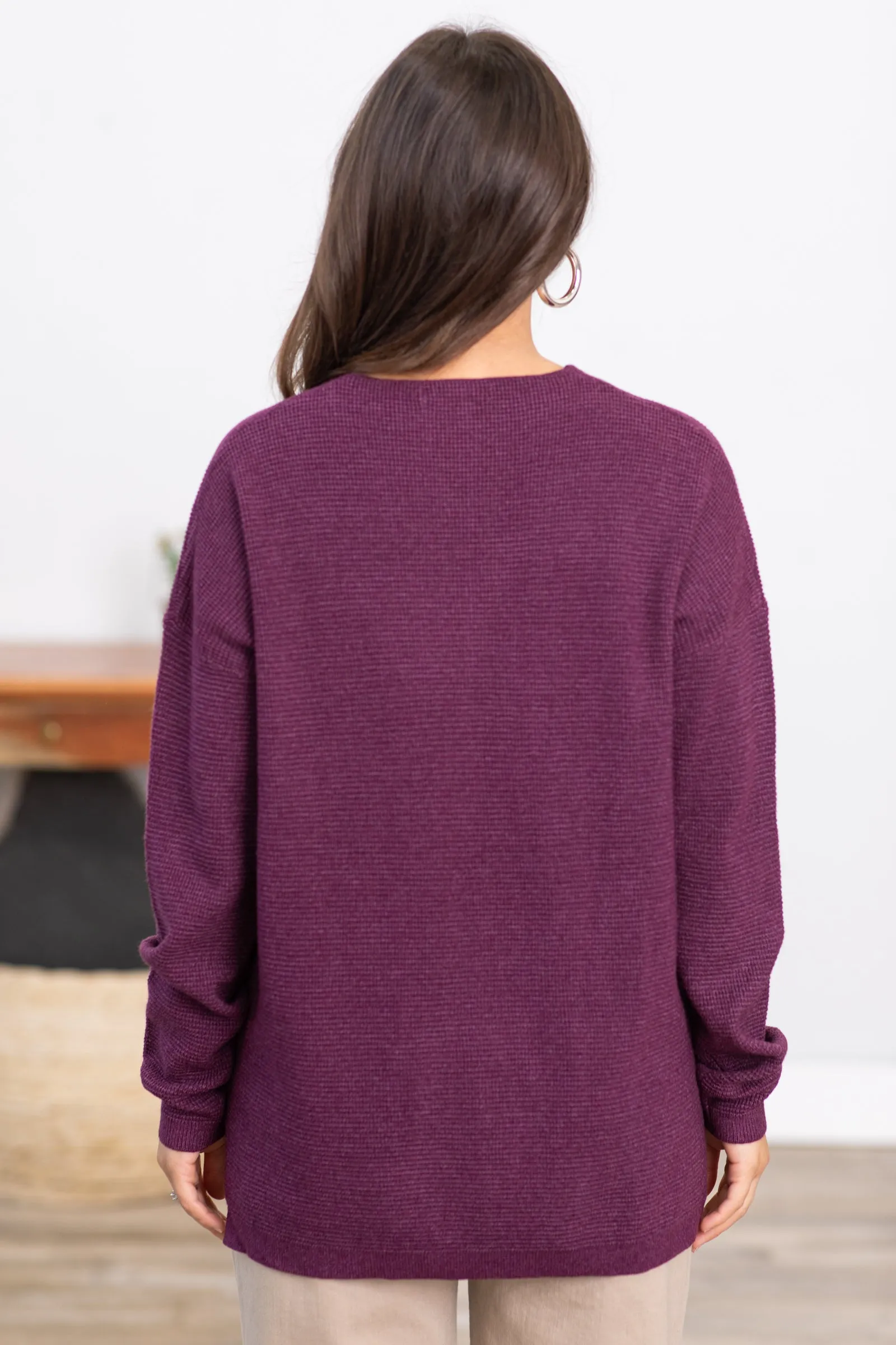 Plum Mini Waffle V-Neck Sweater With Seam