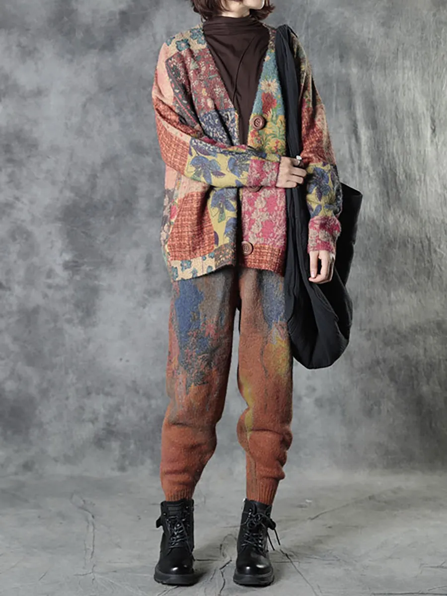 Plus Size Autumn Colorful Flower Knitted Floral Sweater Coat