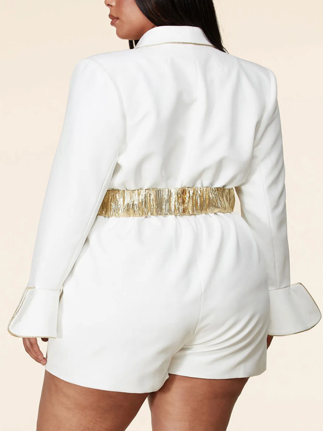 PLUS SIZE LONG SLEEVE V-NECK WITH REMOVABLE BOW BELT ROMPER
