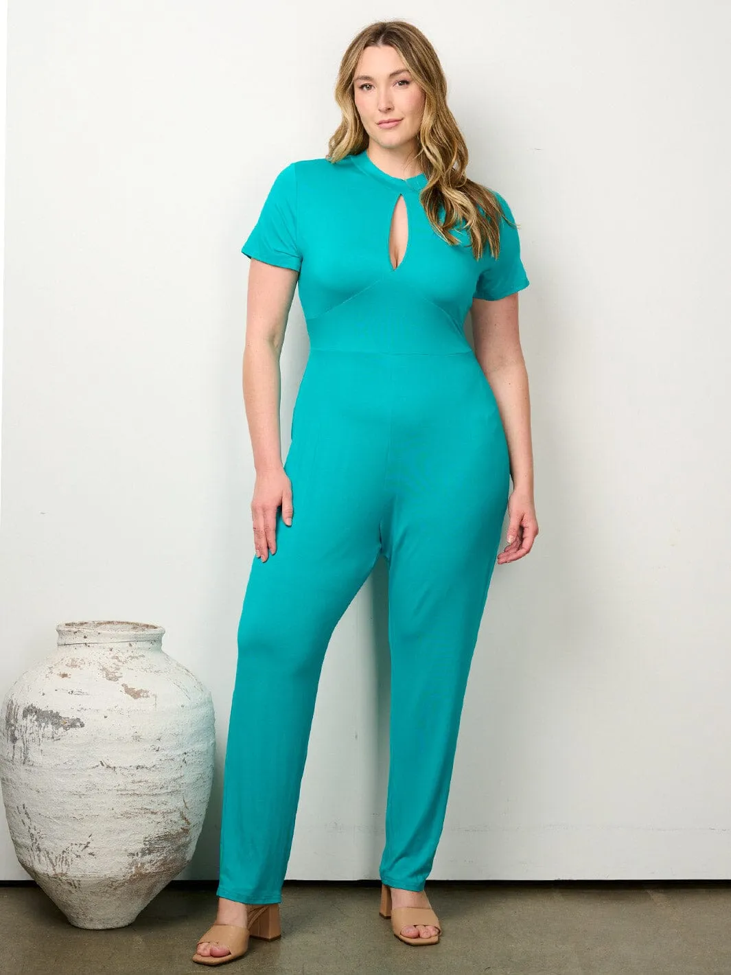 PLUS SIZE SHORT SLEEVE BACK TIE WIDE LEG JUMPSUIT