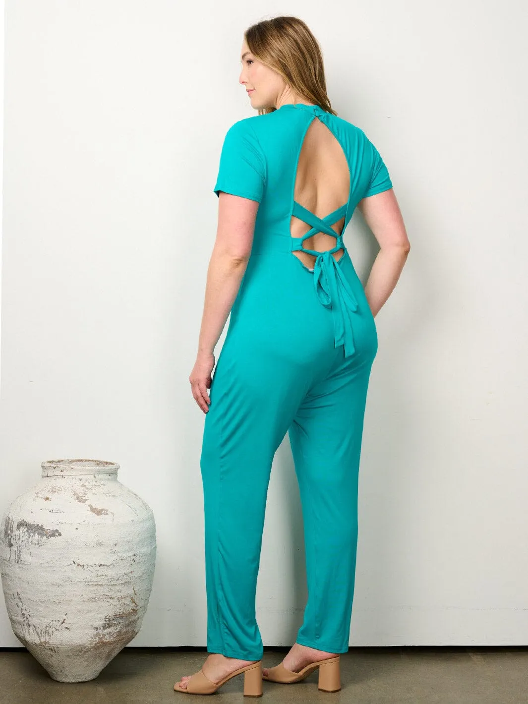 PLUS SIZE SHORT SLEEVE BACK TIE WIDE LEG JUMPSUIT